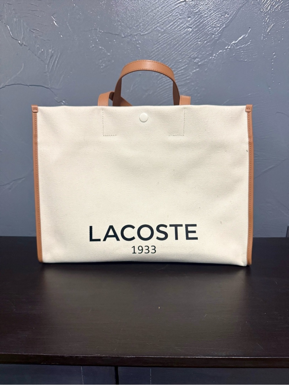 Lacoste Cream Canvas Tote with Tan Trim